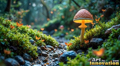 A mushroom stands beside a mossy trail with bright yellow light under its speckled cap