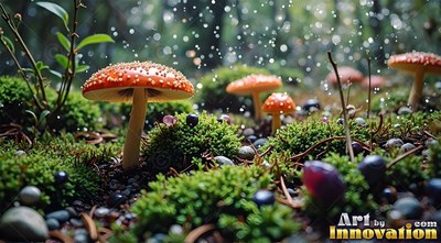 Seen from ground level, red mushrooms grow in green moss under falling rain drops