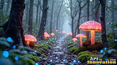 Bright pink mushrooms line a foggy stone path through dark woods with blue lights