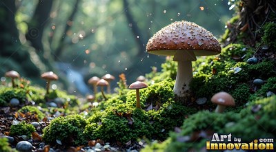 In a sunlit forest, brown speckled mushrooms rise from green moss
