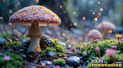 Sprouting from mossy ground, a speckled orange mushroom rises by small pink flowers