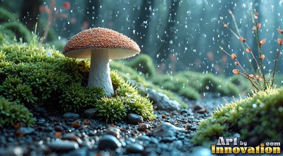 Orange mushroom on green moss in gentle forest rain