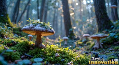 Moss-dusted cap of a wide mushroom rises from green forest ground in soft sunlight