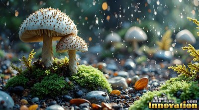 Spotted white mushrooms stand on moss as raindrops fall in soft light
