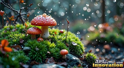 Sprouting upright from green moss, red mushrooms stand under falling drops