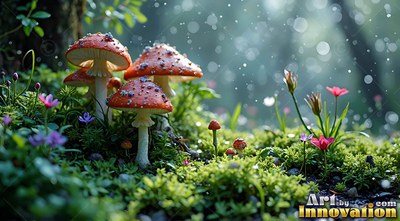 Red spotted mushrooms grow in bright green moss under soft morning light
