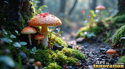 On a mossy forest floor, small red spotted mushrooms grow along a dirt path