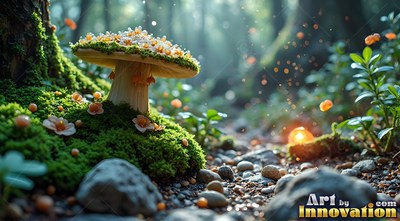 Sprouting on green moss, a wide mushroom stands on a pebbled forest floor in soft light