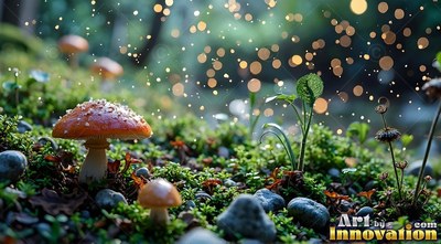Small orange mushrooms on moss with round golden lights above