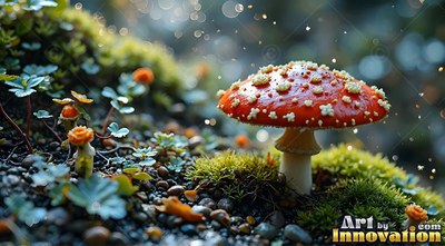 White flecks dot a red mushroom cap rising from green moss and tiny plants under soft light