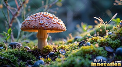 A spotted orange mushroom grows on a mossy forest floor in warm sunlight