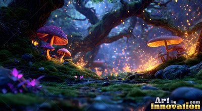 Low to the mossy ground, bright mushrooms rise in a shadowy forest with spark lights