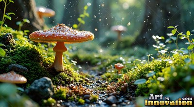 Orange mushrooms sprout on green moss along a wet forest path under soft daylight