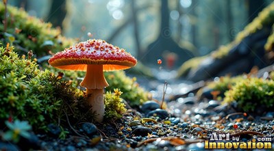 In a sunlit forest, a red mushroom with white spots grows beside a rocky path