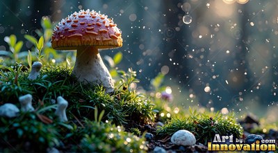 Sprouting in soft green moss, a red and white mushroom stands under bright rain droplets