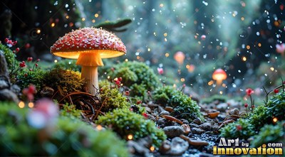 A red mushroom with light underneath sits in green moss