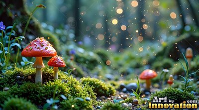 Bright red caps with white spots top small mushrooms growing on mossy ground in the forest under soft bokeh lights