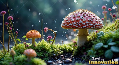 Spotted red mushrooms sprout on a mossy forest floor in soft morning light