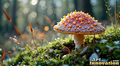 Sprouting upright on green moss, an orange dotted mushroom catches soft forest light