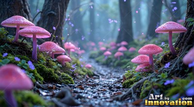 Bright pink mushrooms line a damp dirt path winding through dark woods