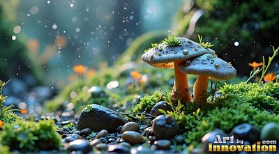 On a mossy forest floor, two small mushrooms sprout beside wet stones