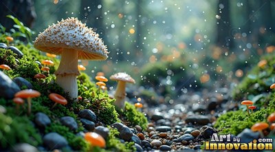 Sprouting on a mossy bank, pale mushrooms stand by wet stones in soft forest light