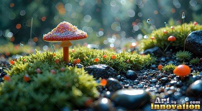 Small red mushroom standing in green moss by wet dark pebbles