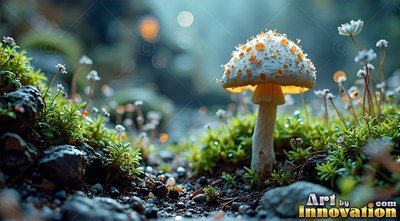 Spotted with orange specks, a small mushroom stands in green moss on a dim forest floor