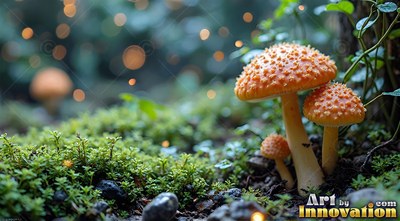 Orange spotted mushrooms sprout from green moss under warm lights in a soft forest background