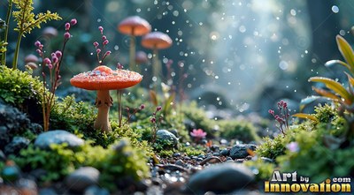 Standing upright on a mossy forest floor, small red mushrooms catch pale light
