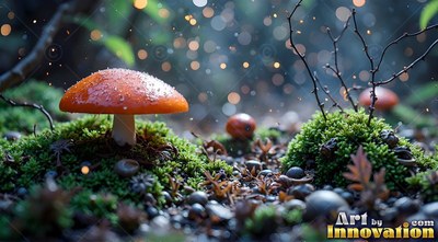 A small orange mushroom sits on green moss as tiny sparks drift through the woods