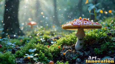 In a sunlit forest, a red speckled mushroom grows out of green moss