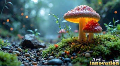 Shining from beneath its cap, a red mushroom sprouts on mossy ground in a forest