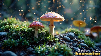 Red spotted mushrooms on mossy ground with spark lights