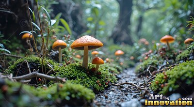 Bright orange caps of small mushrooms rise from green moss by a forest path