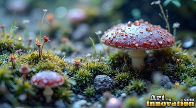 A red mushroom sits in green moss, covered in clear water droplets under soft light