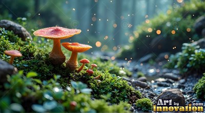 Sprouting low from green moss, orange mushrooms grow near a forest stream