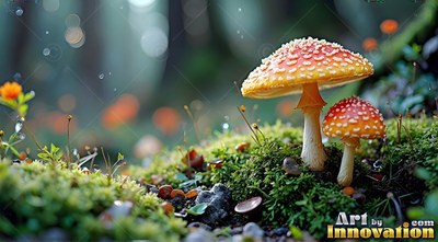 Two speckled orange mushrooms sprout from green moss in soft woods light