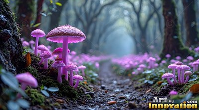 In a misty forest, bright purple mushrooms line a dark dirt path