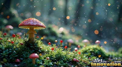 Sprouting from green moss, a red-capped mushroom sits in soft forest light
