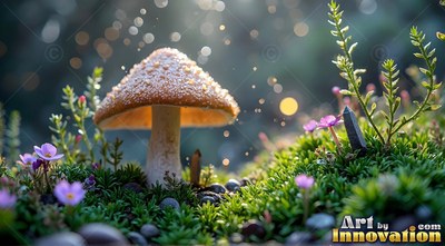 Small mushroom with purple flowers in soft moss