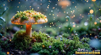 Green moss covers the pale cap of a mushroom on the shadowy forest floor with floating golden specks