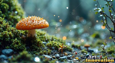 A spotted orange mushroom grows on a mossy forest floor in soft teal light