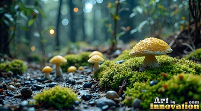 Close up at ground level, yellow mushrooms sprout on green forest moss