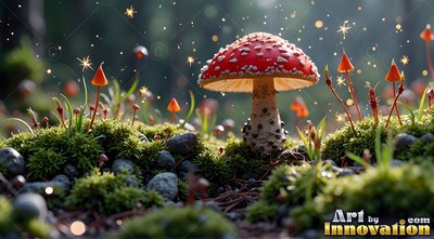 A red spotted mushroom stands on green moss surrounded by tiny sparks of light