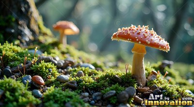 In a mossy forest, two speckled orange mushrooms sprout near a tree trunk