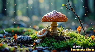 Growing on green moss, a red-spotted mushroom stands in soft forest light