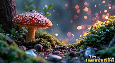 Red spotted mushroom on mossy forest ground with soft lights