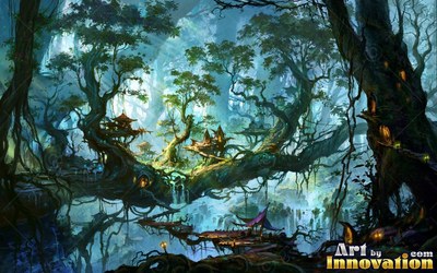 Small pointed roofs on wooden huts built along thick branches in a forest of waterfalls and pale teal light