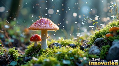 A spotted red mushroom stands in green moss under drifting sparkles of soft light